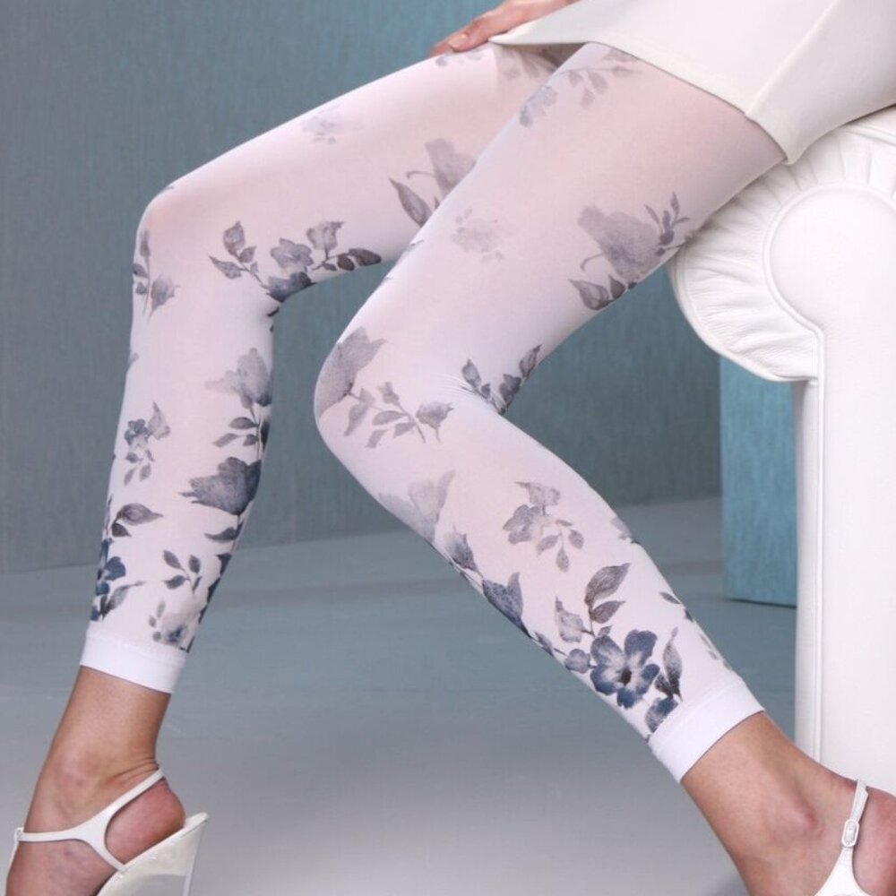 White Leggings Flowers Design 80 Den Size S M L